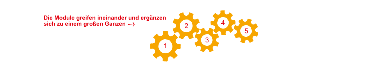 Text: Die Module greifen ineinander und ergänzen sich zu einem großen Ganzen. 5 gelbe Zahnräder rechts daneben mit den Zahlen 1 bis 5