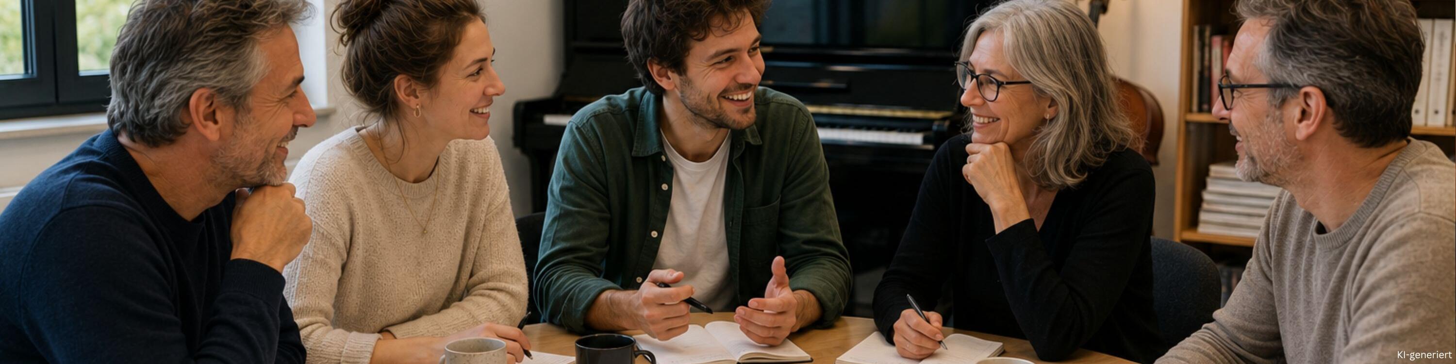 Gezeigt werden Musikschullehrende, die an einem Tisch sitzen und miteinander sprechen.
