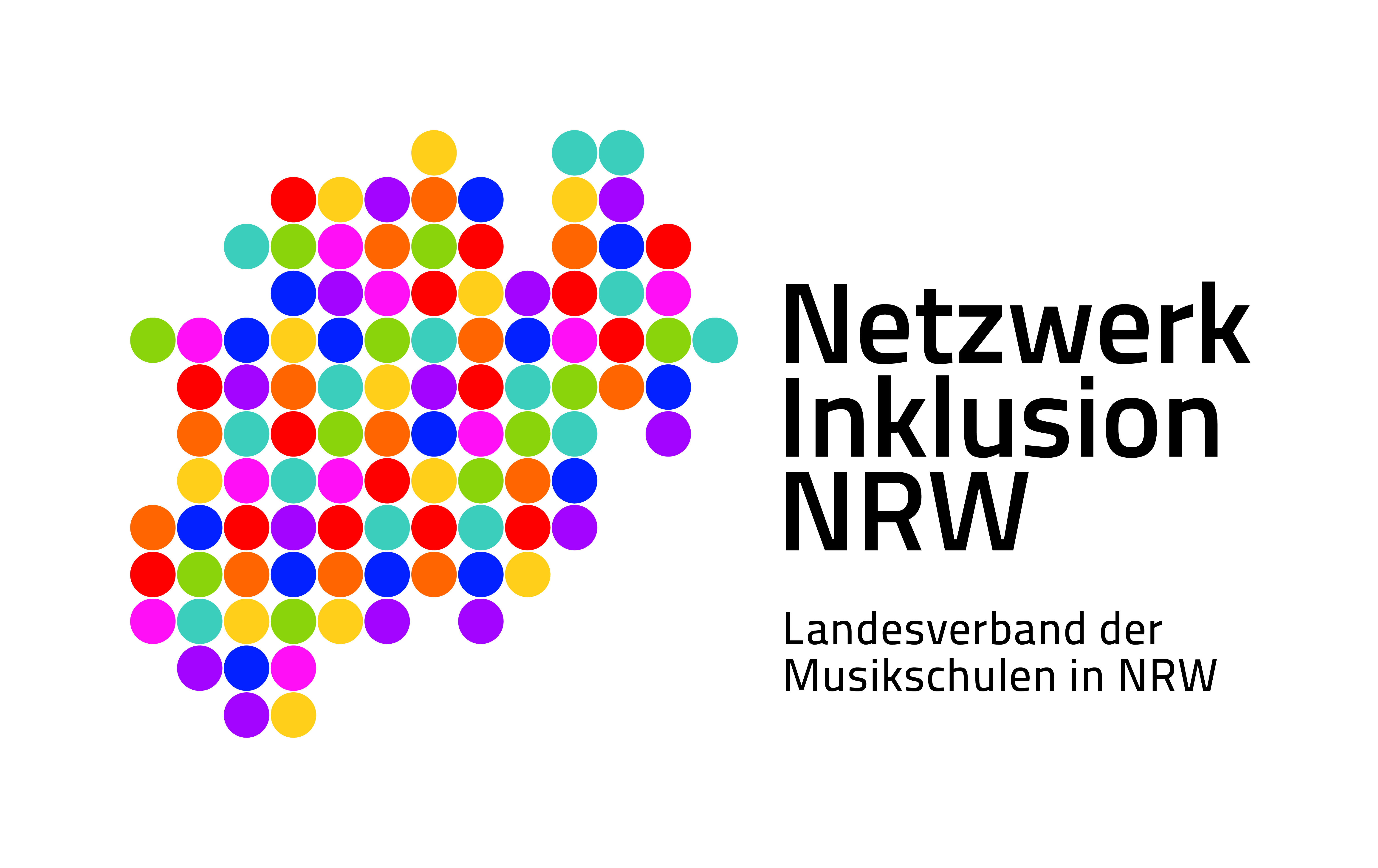 Logo Netzwerk Inklusion NRW des Landesverbandes der Musikschulen in NRW
NRW Karte auf bunten Punkten